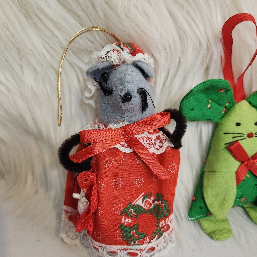 Vintage Fabric Christmas Tree Ornament Lot Mouse Cat Mice Kitsch 1980s Farmhouse - Picture 2 of 9